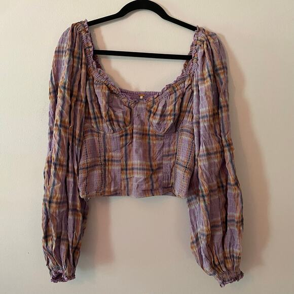 Free People Purple Plaid Puff Sleeve Babydoll Blouse Cropped Women's size Large - Picture 2 of 10